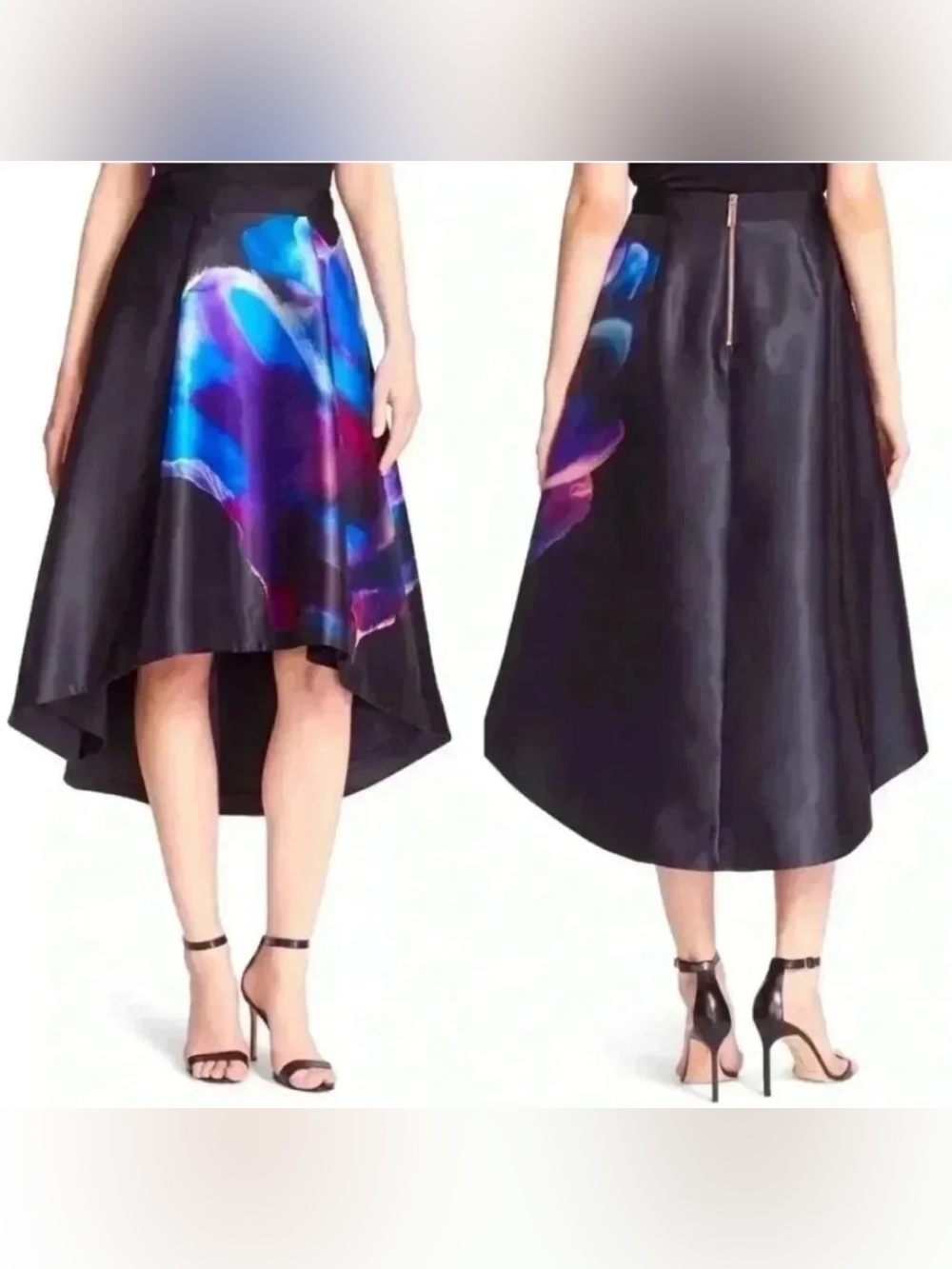Ted Baker Black High-Low Midi Skirt with Blue-Purple Floral Print
